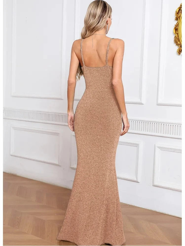 Women's Camel-Colored Spaghetti Strap Maxi Dress Ruched Mermaid-style Hot chick Slip Dress Evening Parties Special Occasions