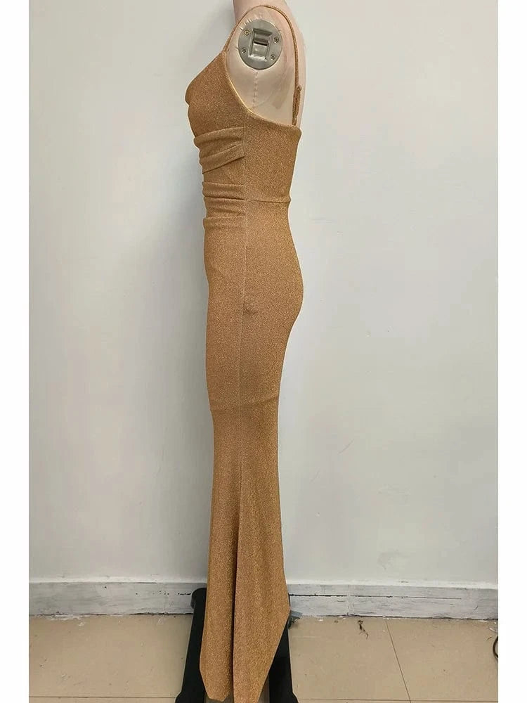 Women's Camel-Colored Spaghetti Strap Maxi Dress Ruched Mermaid-style Hot chick Slip Dress Evening Parties Special Occasions
