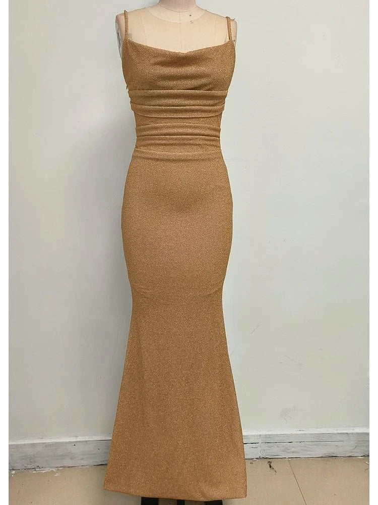 Women's Camel-Colored Spaghetti Strap Maxi Dress Ruched Mermaid-style Hot chick Slip Dress Evening Parties Special Occasions