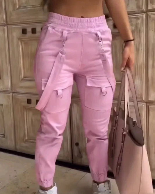 Women's Cargo Pants Casual Trousers 2024 Spring Autumn Solid Color Trend Street Pocket Design Cuff Suspenders Streetwear Women