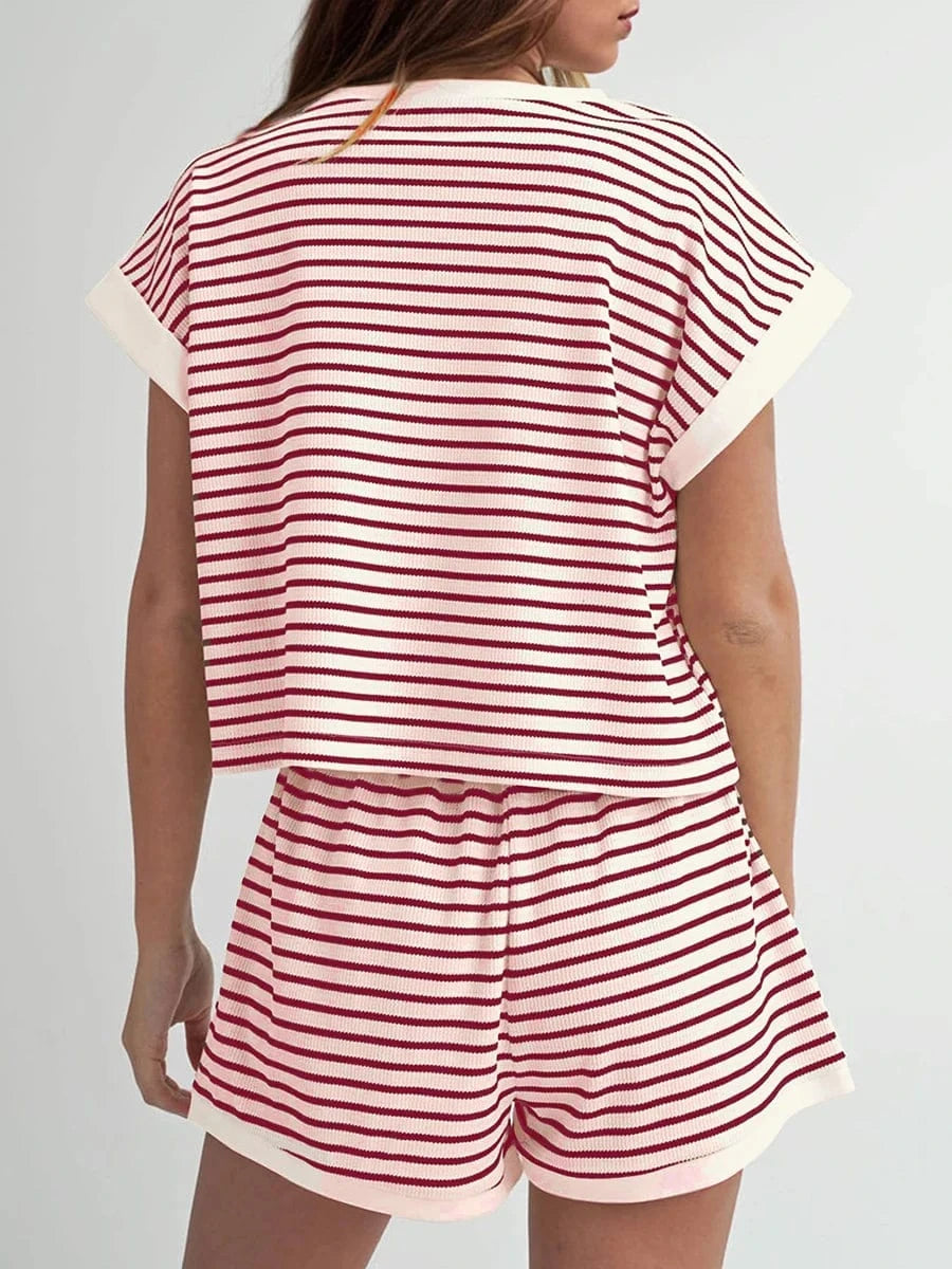 Women’s Casual 2 Piece Outfits Summer Short Sleeve Stripes Print Tops + Elastic Waist Shorts Set Loungewear for Sports Work Out