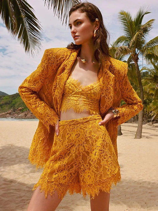 Women's Casual Chic Hollow Out Luxury High-Quality Lace Long Sleeve Suit Jacket High Waist Shorts Three Pieces Set Evening Party