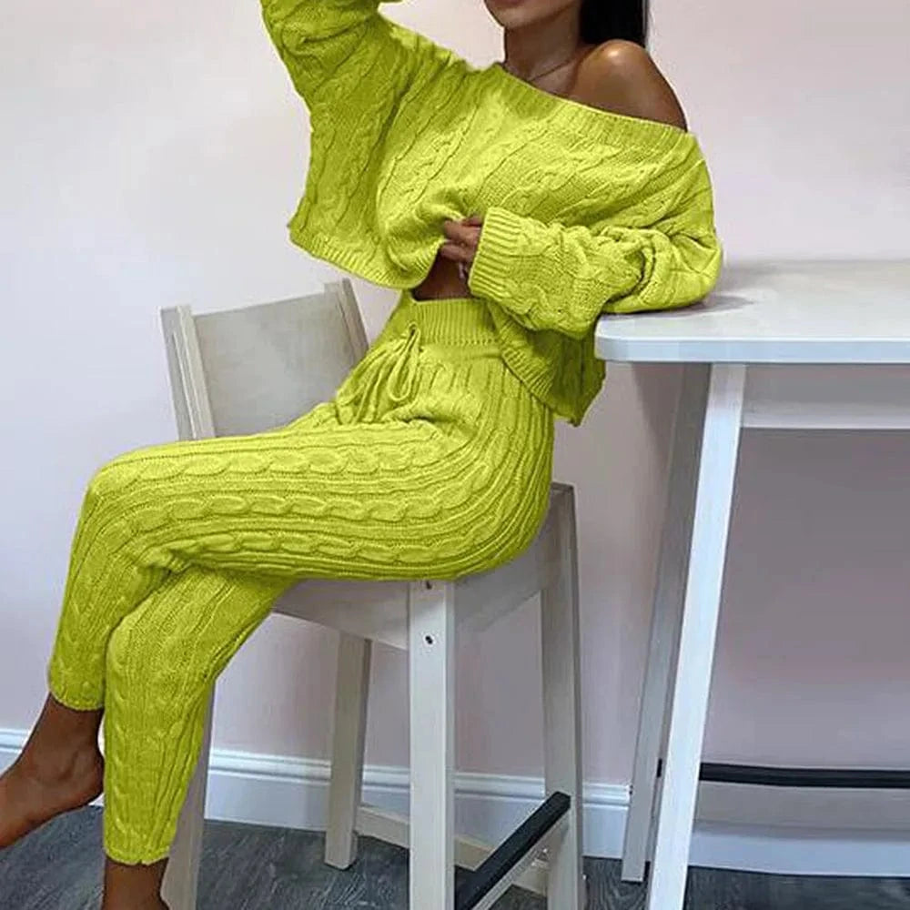 Women's Casual Knit 2 Piece Sets Autumn Winter Outfit Long Sleeve Sweater Pullover Crop Top and Pants Female Sexy Set