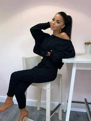 Women's Casual Knit 2 Piece Sets Autumn Winter Outfit Long Sleeve Sweater Pullover Crop Top and Pants Female Sexy Set