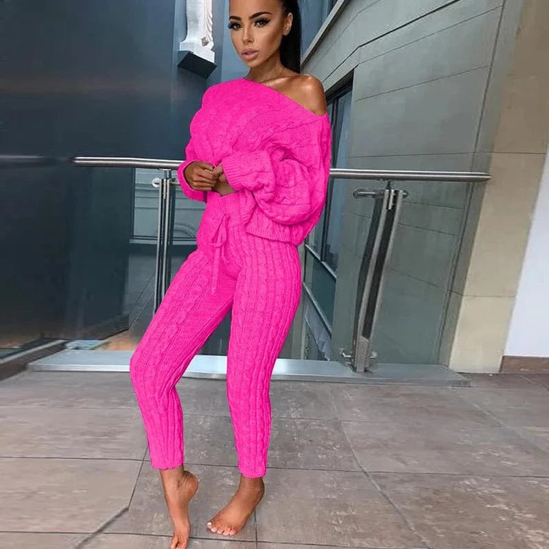 Women's Casual Knit 2 Piece Sets Autumn Winter Outfit Long Sleeve Sweater Pullover Crop Top and Pants Female Sexy Set