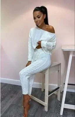 Women's Casual Knit 2 Piece Sets Autumn Winter Outfit Long Sleeve Sweater Pullover Crop Top and Pants Female Sexy Set