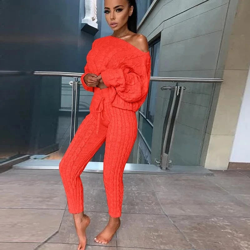 Women's Casual Knit 2 Piece Sets Autumn Winter Outfit Long Sleeve Sweater Pullover Crop Top and Pants Female Sexy Set