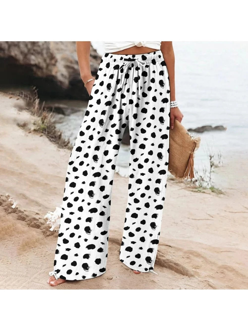 Women's Casual Polka Dot Print Trousers Summer 2024 New Loose Soft High-Quality Wide-Leg Trousers Holiday Wear