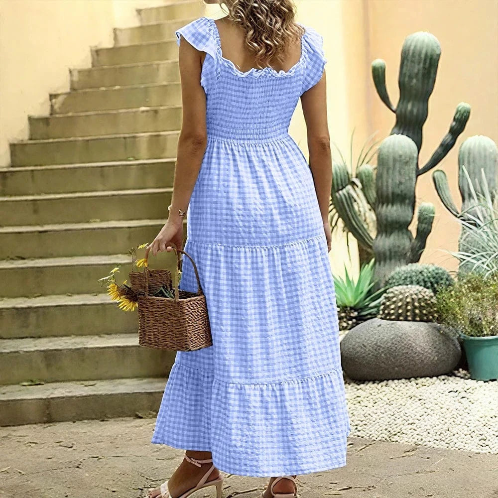 Women's Check Plaid Sleeveless Square Neck A-Line Maxi Dress Summer Ladies Casual Vacation Holiday Beach Sundress Size S-2XL