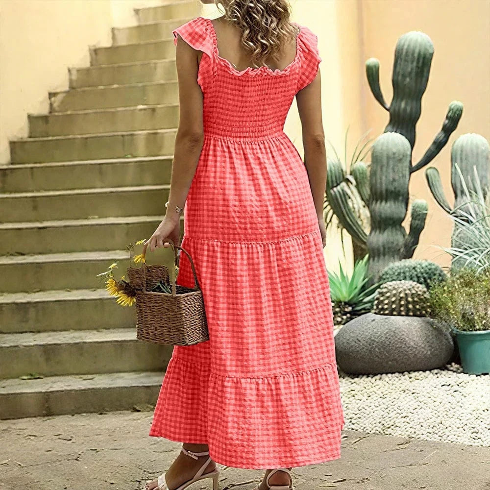 Women's Check Plaid Sleeveless Square Neck A-Line Maxi Dress Summer Ladies Casual Vacation Holiday Beach Sundress Size S-2XL