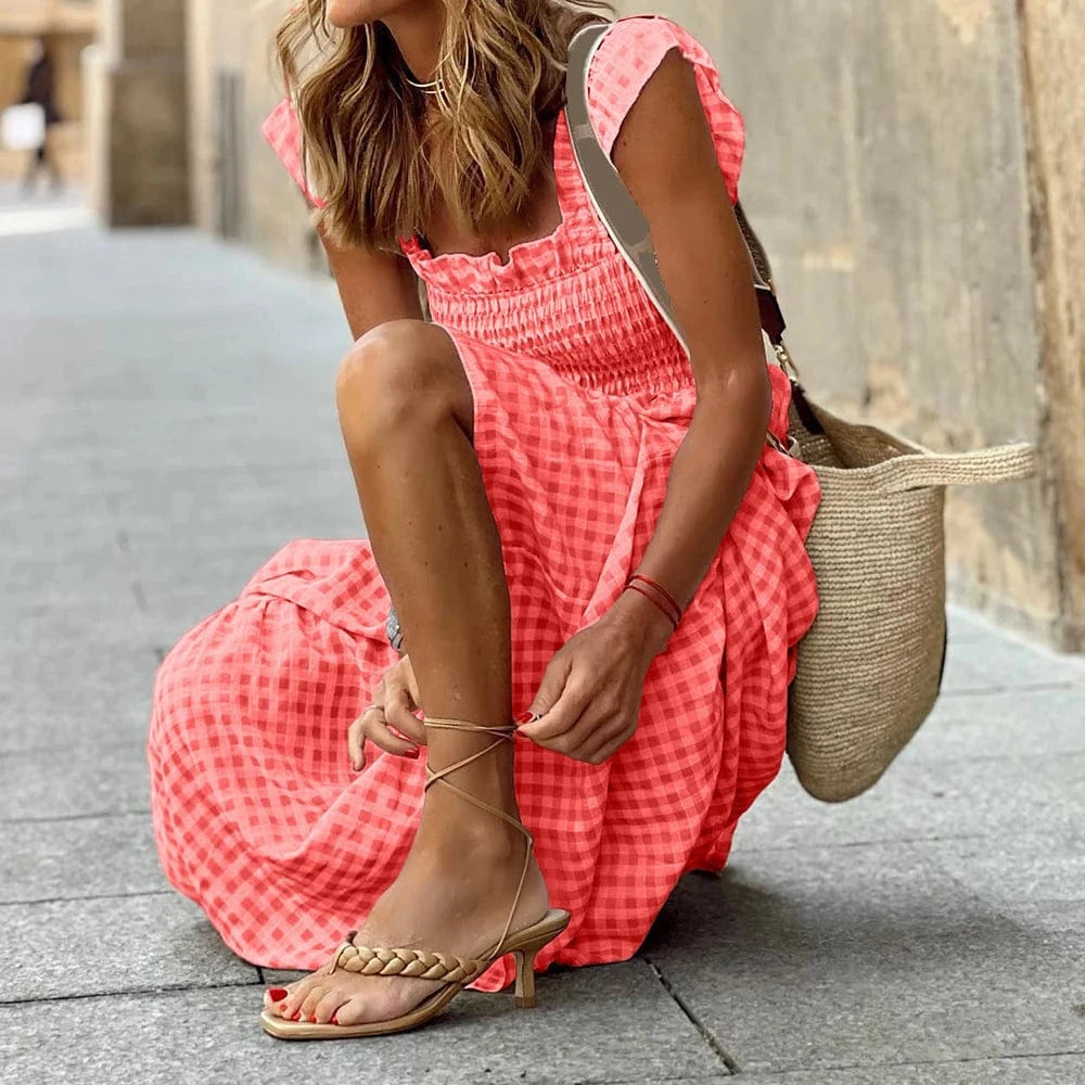 Women's Check Plaid Sleeveless Square Neck A-Line Maxi Dress Summer Ladies Casual Vacation Holiday Beach Sundress Size S-2XL