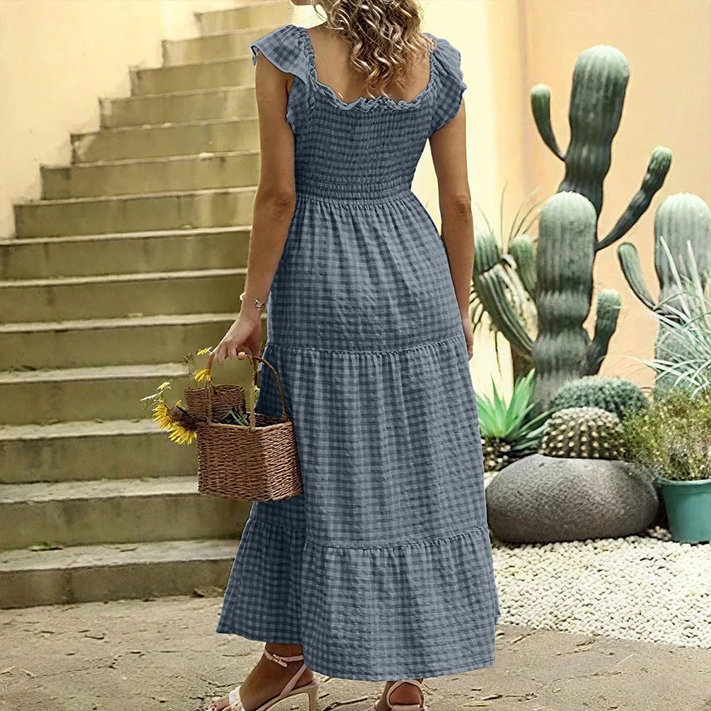 Women's Check Plaid Sleeveless Square Neck A-Line Maxi Dress Summer Ladies Casual Vacation Holiday Beach Sundress Size S-2XL