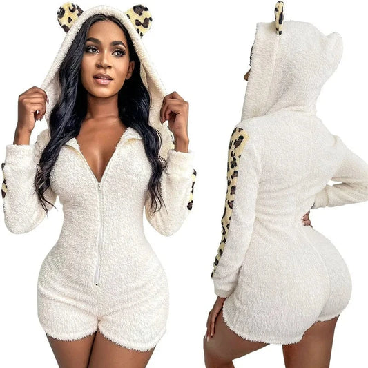Women's clothing 2024 autumn winter tight hooded pajamas autumn winter leopard print Jumpsuit