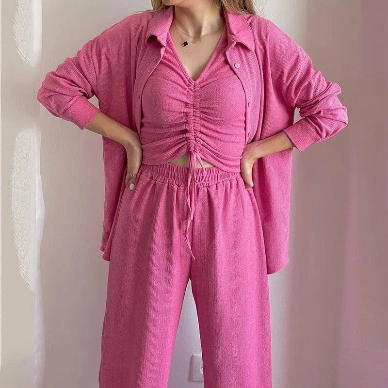 Women's clothing 2024 New arrival  women autumn long sleeve shirt drawstring short sleeve wide leg pants three pieces set