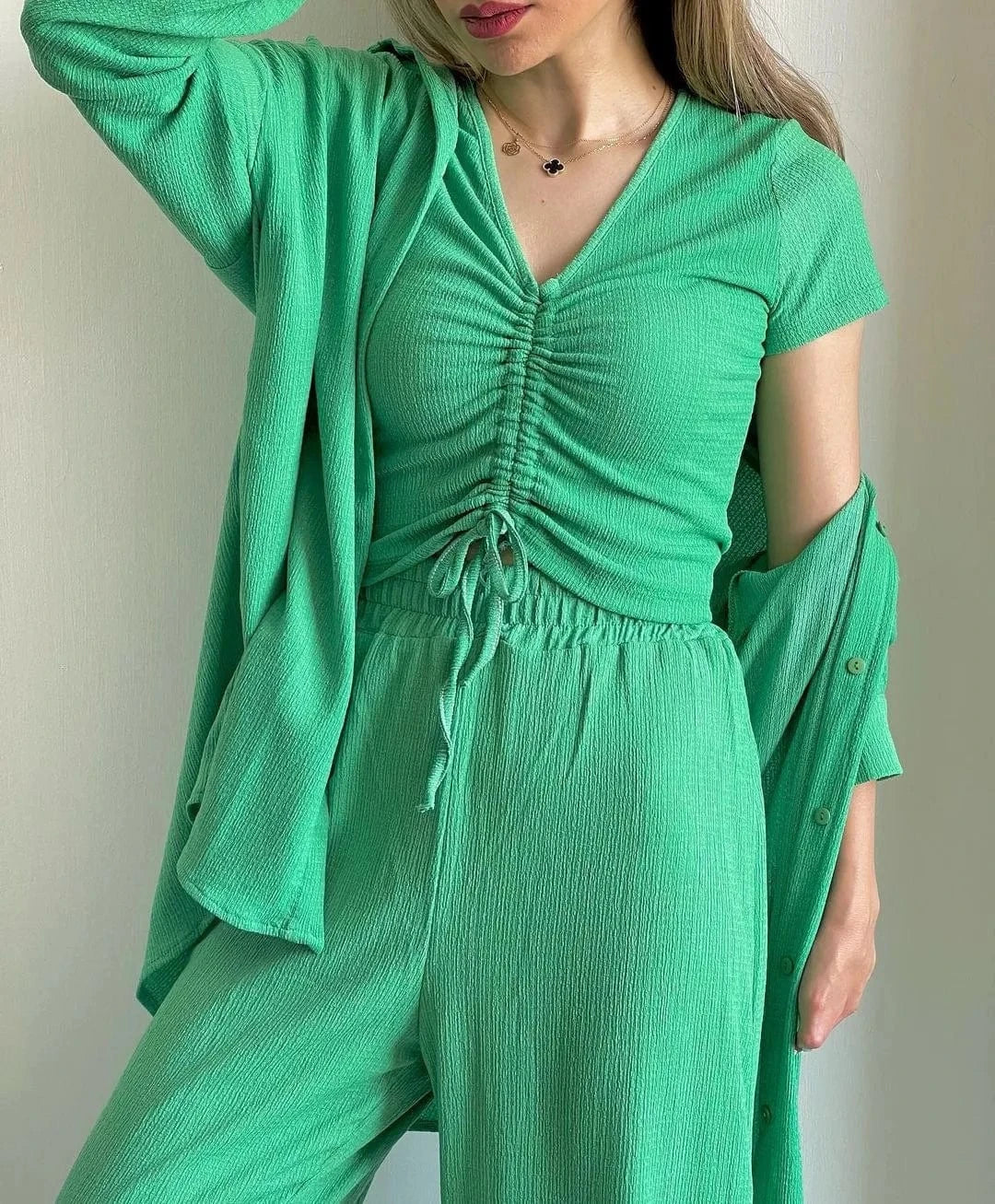 Women's clothing 2024 New arrival  women autumn long sleeve shirt drawstring short sleeve wide leg pants three pieces set