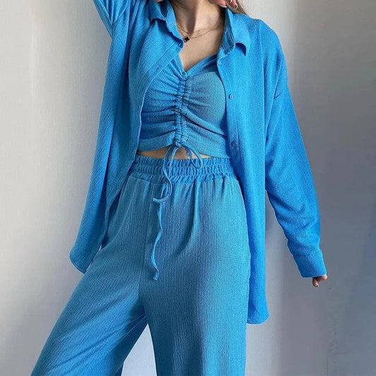 Women's clothing 2024 New arrival  women autumn long sleeve shirt drawstring short sleeve wide leg pants three pieces set