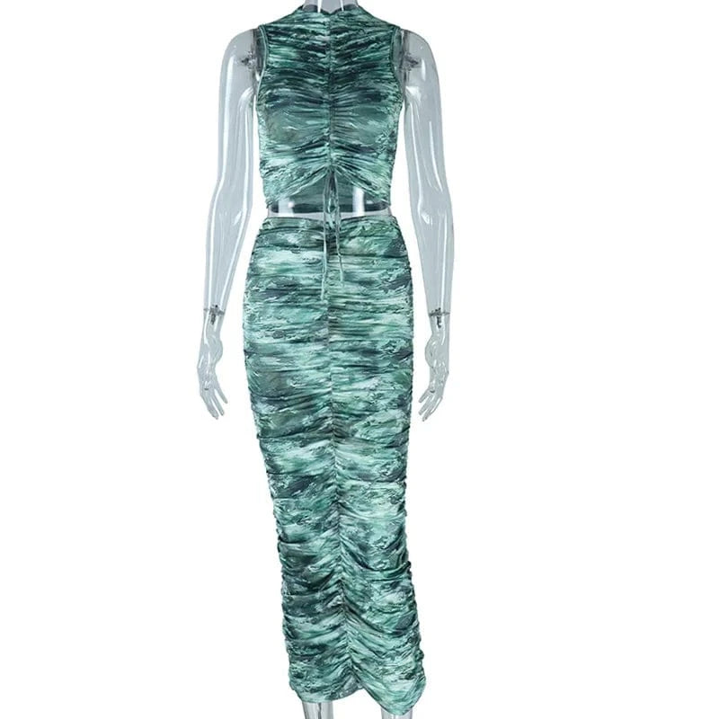 Women's Clothing Elegant Formal Fashion Print Sleeveless Drawstring Top Skirt Two-piece Suit Woman 2024 New Arrival