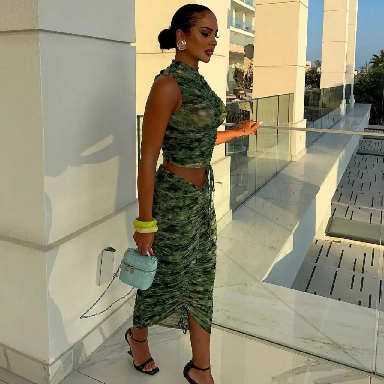 Women's Clothing Elegant Formal Fashion Print Sleeveless Drawstring Top Skirt Two-piece Suit Woman 2024 New Arrival