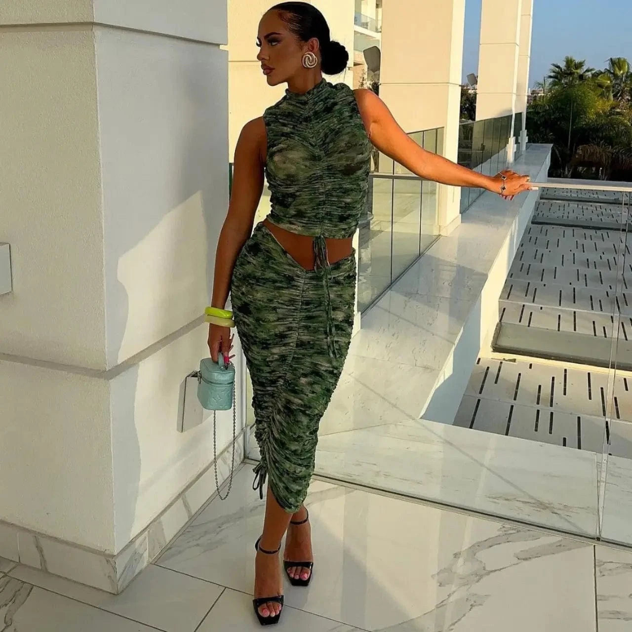 Women's Clothing Elegant Formal Fashion Print Sleeveless Drawstring Top Skirt Two-piece Suit Woman 2024 New Arrival