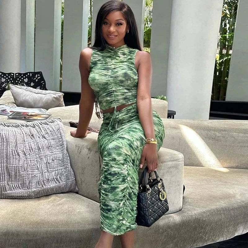 Women's Clothing Elegant Formal Fashion Print Sleeveless Drawstring Top Skirt Two-piece Suit Woman 2024 New Arrival