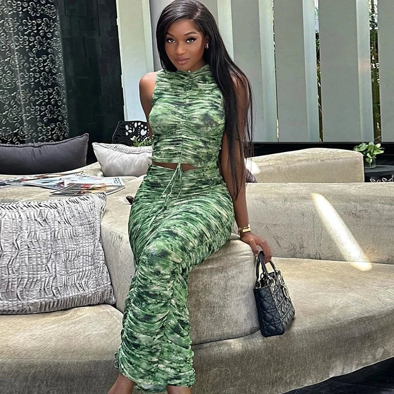 Women's Clothing Elegant Formal Fashion Print Sleeveless Drawstring Top Skirt Two-piece Suit Woman 2024 New Arrival