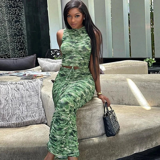 Women's Clothing Elegant Formal Fashion Print Sleeveless Drawstring Top Skirt Two-piece Suit Woman 2024 New Arrival