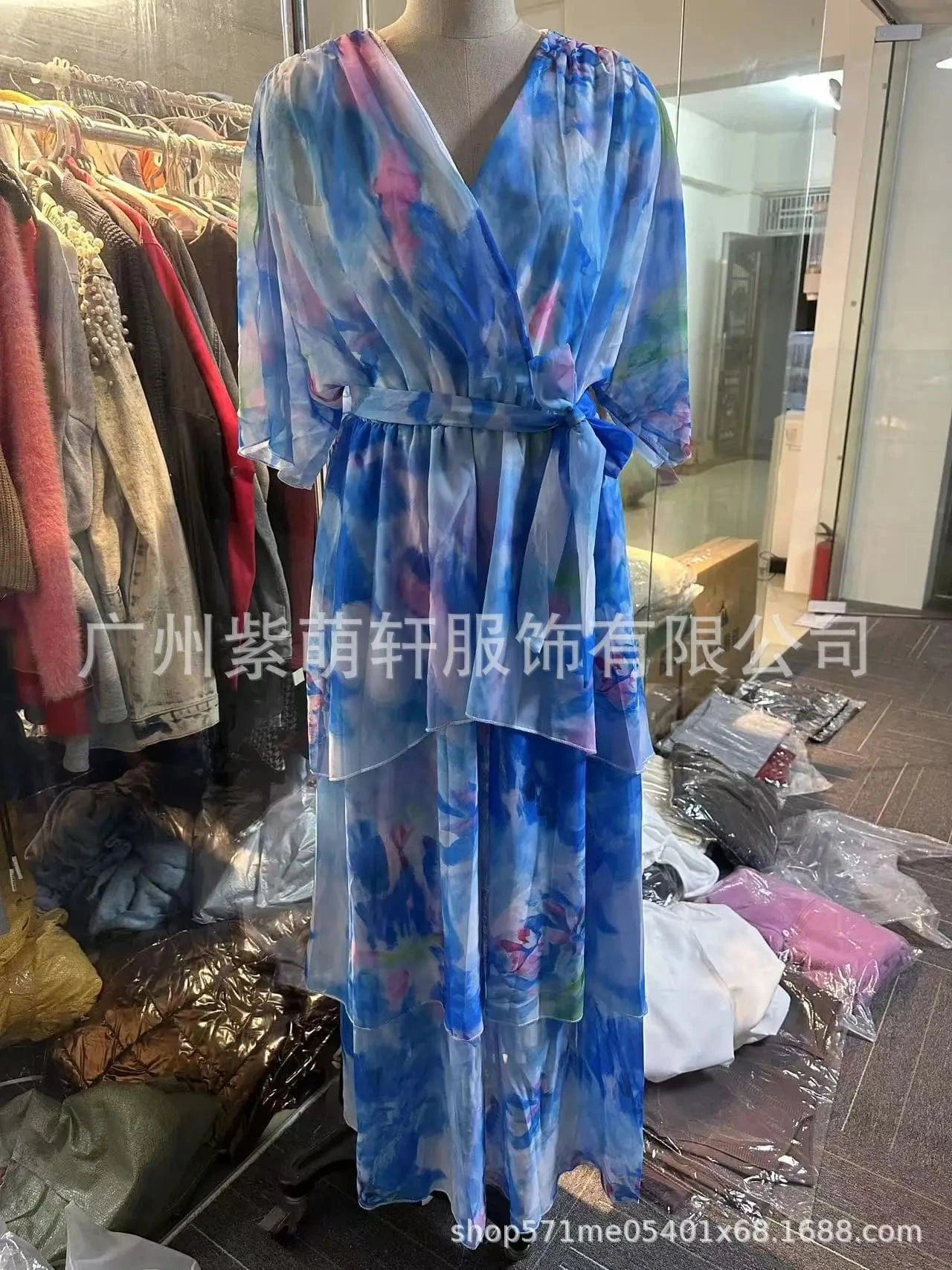 Women's Clothing Floral Flower Printing Multi Layered Dress V Neck Long Sleeve Fashion Casual Summer Dress