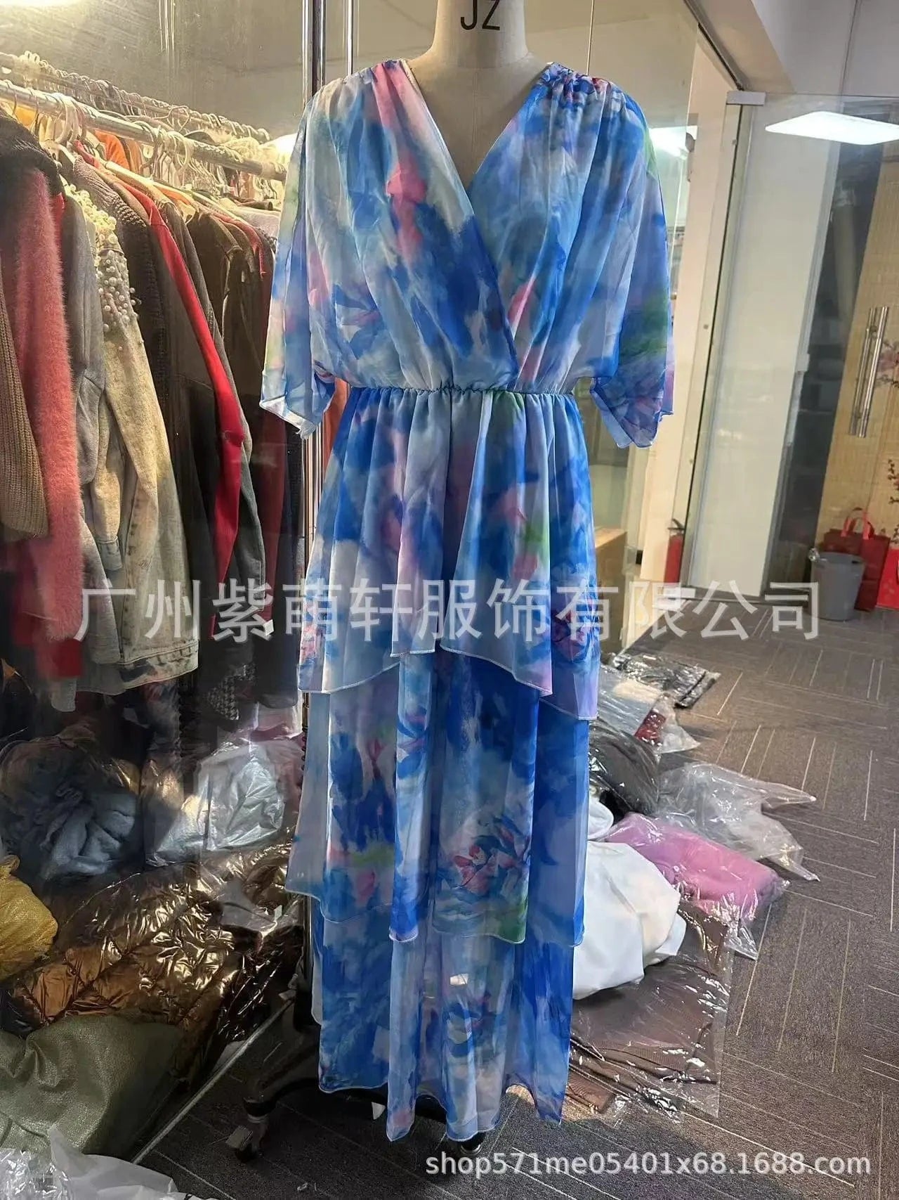 Women's Clothing Floral Flower Printing Multi Layered Dress V Neck Long Sleeve Fashion Casual Summer Dress