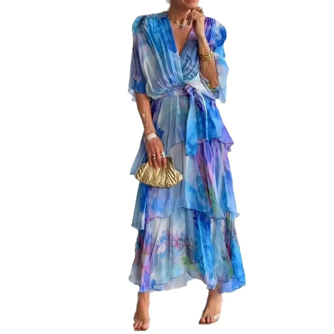 Women's Clothing Floral Flower Printing Multi Layered Dress V Neck Long Sleeve Fashion Casual Summer Dress