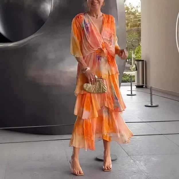 Women's Clothing Floral Flower Printing Multi Layered Dress V Neck Long Sleeve Fashion Casual Summer Dress