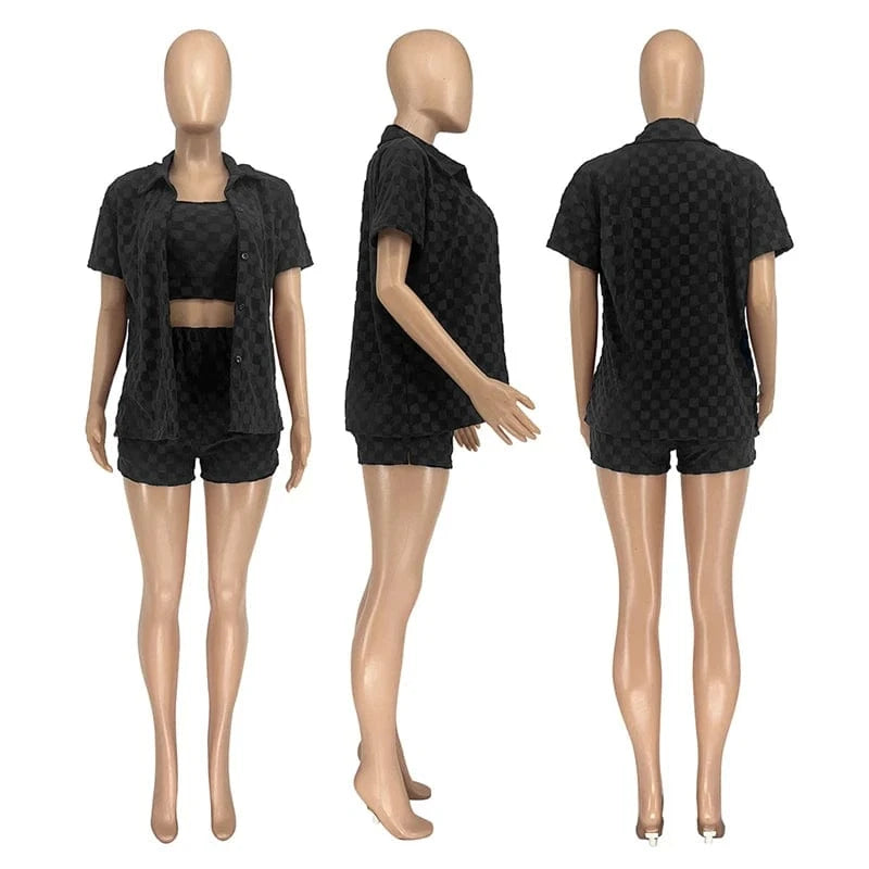 women's clothing outfit summer 2024 ladies knitted casual plaid above knee 3 piece shorts lounge set for women 2024 above knee