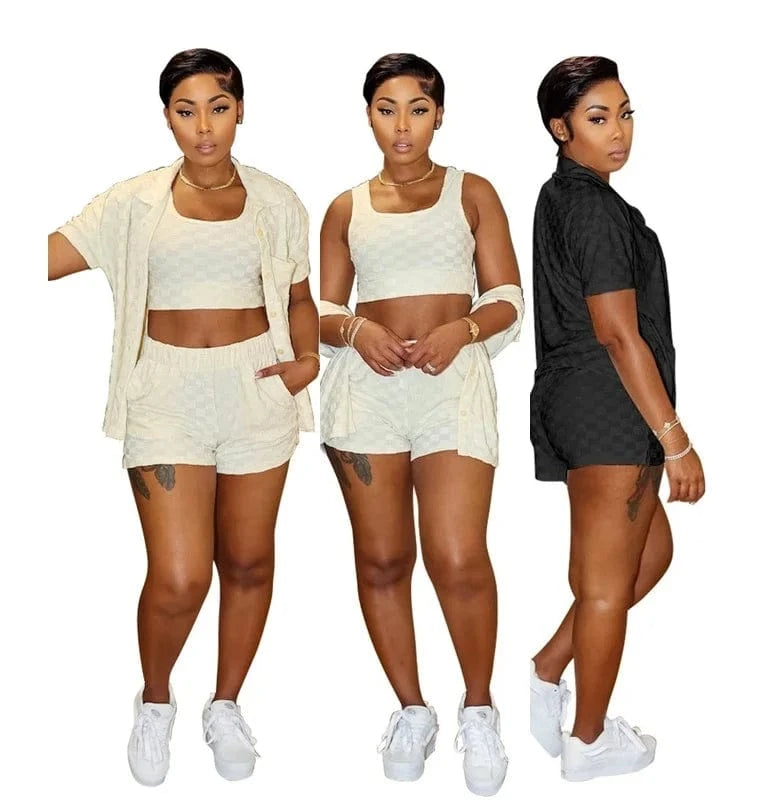 women's clothing outfit summer 2024 ladies knitted casual plaid above knee 3 piece shorts lounge set for women 2024 above knee