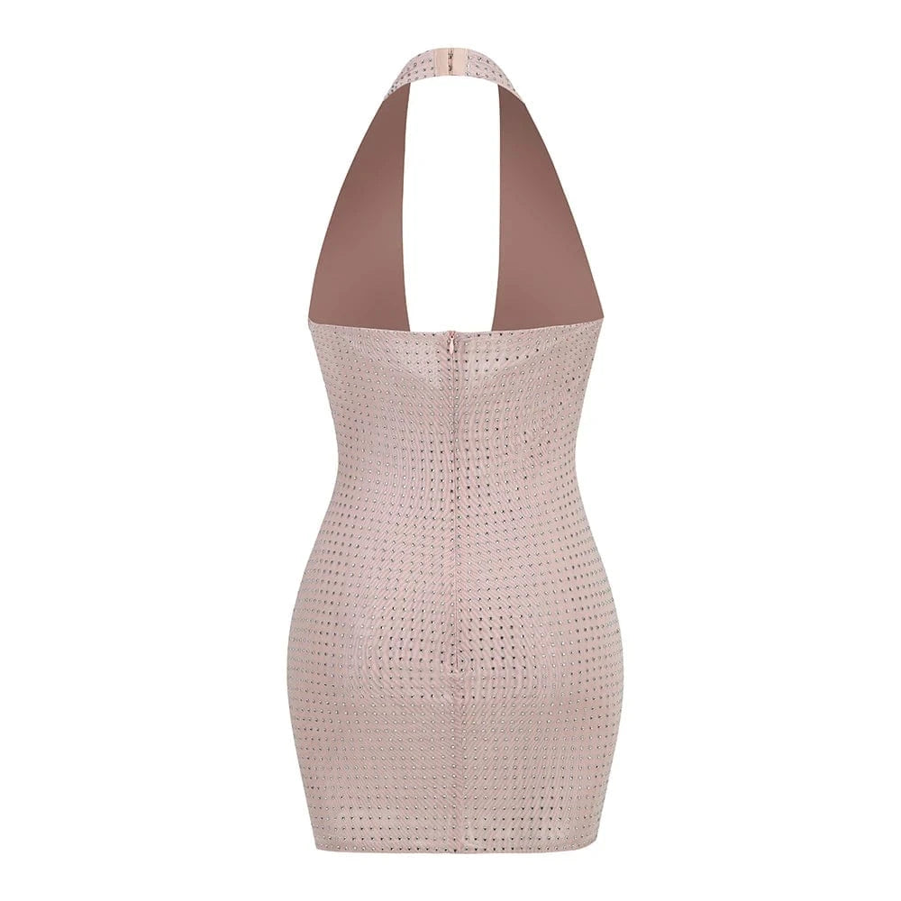 Women's Clothing Sexy Sleeveless Beaded Halter Mini Dresses Hollow Out Party Evening Dress