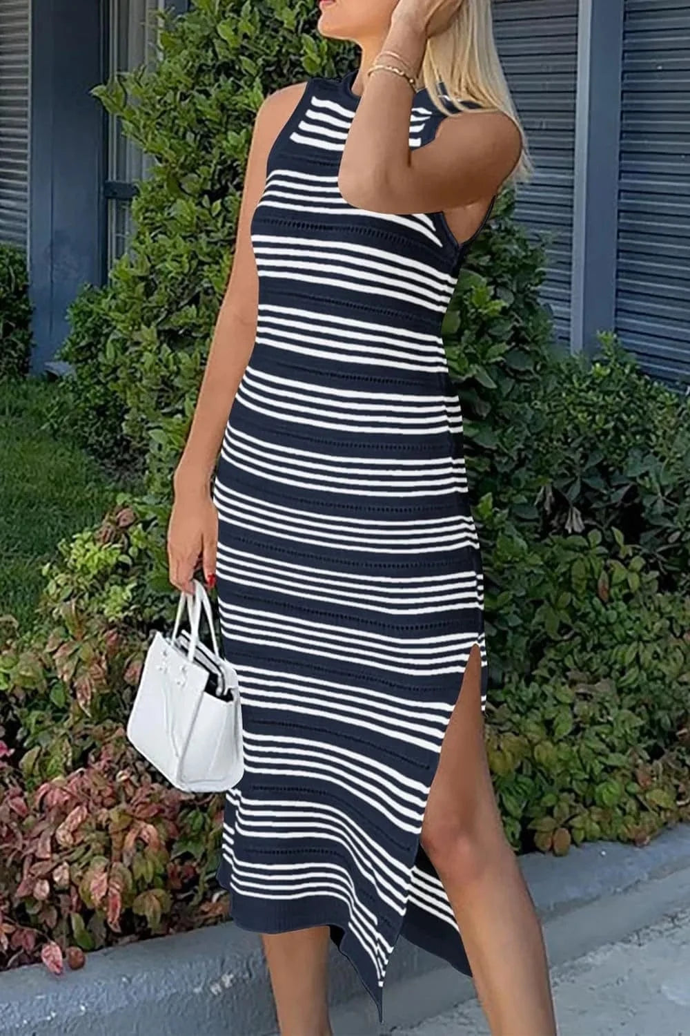 Women's clothing Summer 2024 new women's summer tight vest casual medium length sleeveless hollow knit side slit stripe long