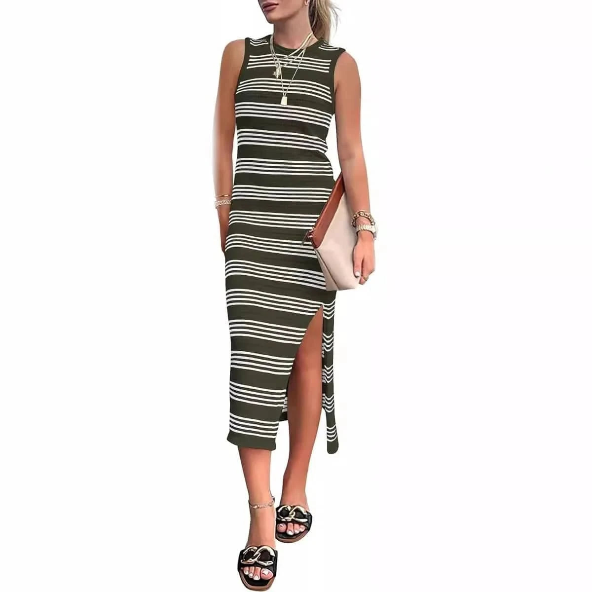 Women's clothing Summer 2024 new women's summer tight vest casual medium length sleeveless hollow knit side slit stripe long