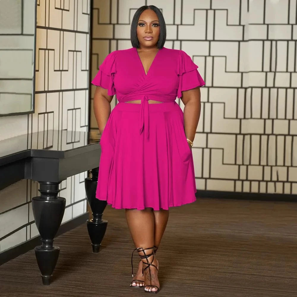 women's clothing summer 2024 Stylish Ruffled sleeves lace-up V-neck plus size loose skirt set