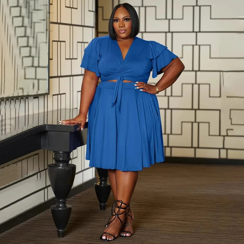 women's clothing summer 2024 Stylish Ruffled sleeves lace-up V-neck plus size loose skirt set