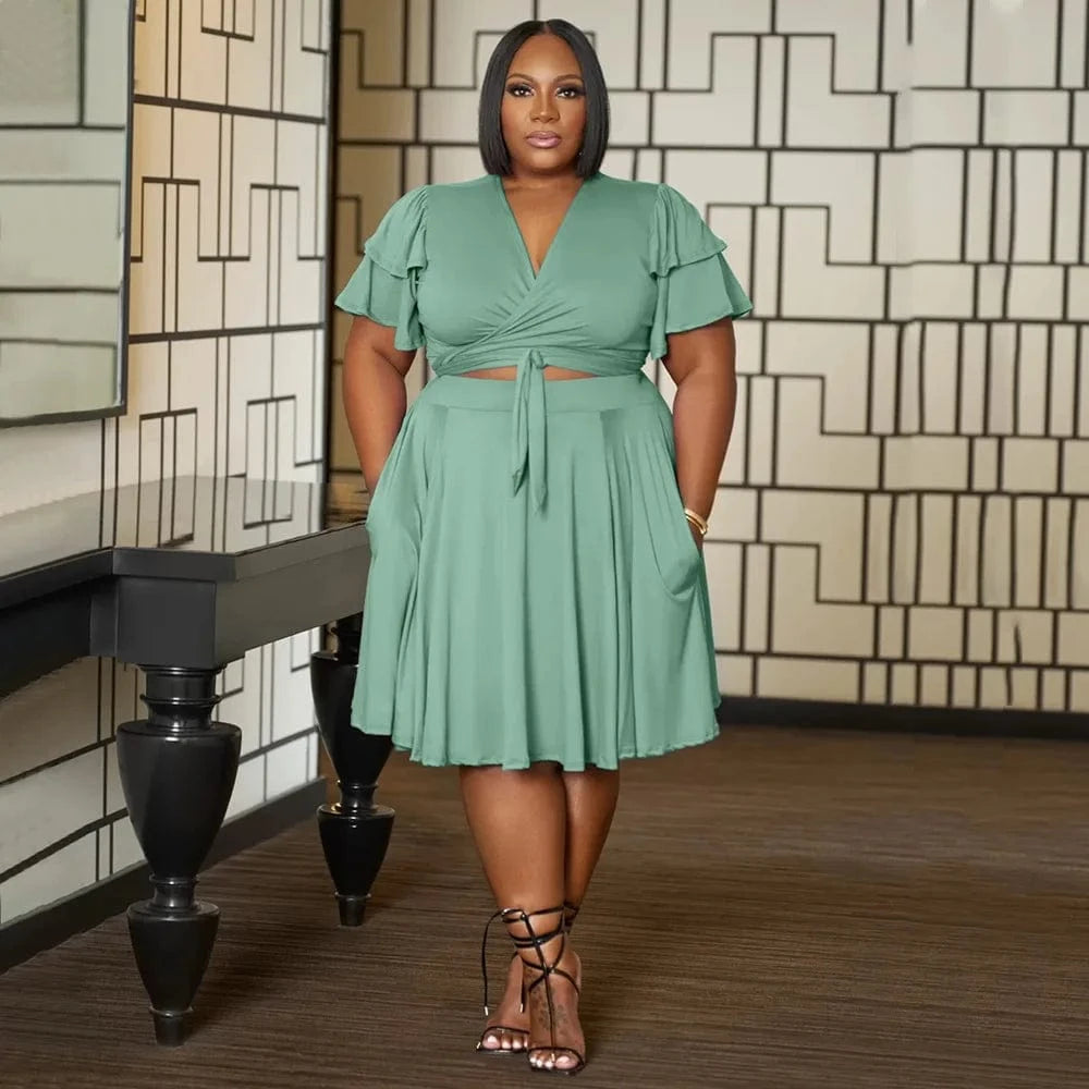 women's clothing summer 2024 Stylish Ruffled sleeves lace-up V-neck plus size loose skirt set