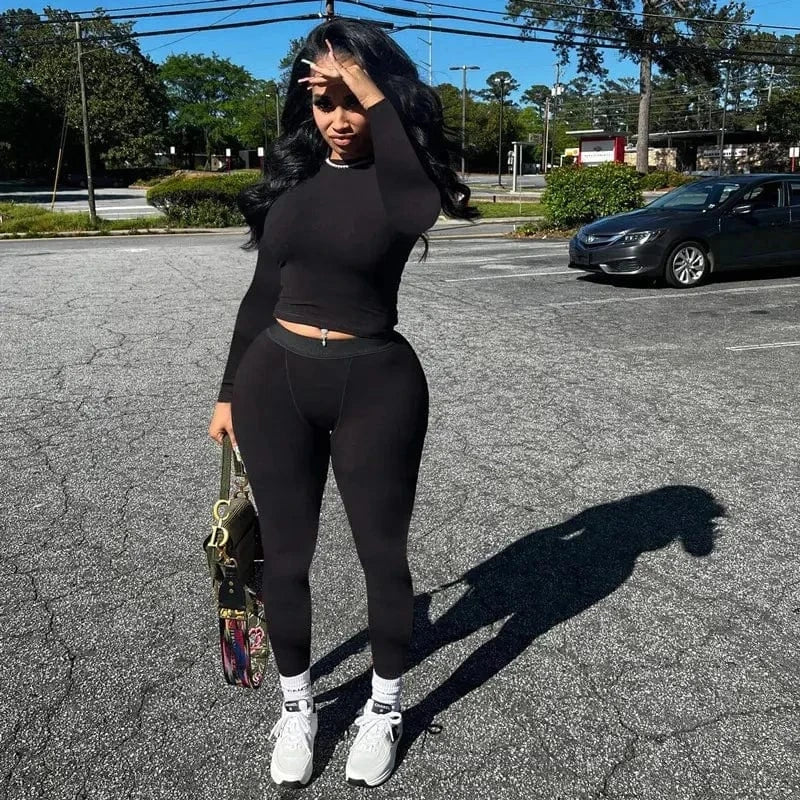 Women's Clothing Two Piece Sets Fashion Soild Long Sleeve Top Tight Pants Casual 2 Piece Tracksuits Set Fall 2024 Women Clothes