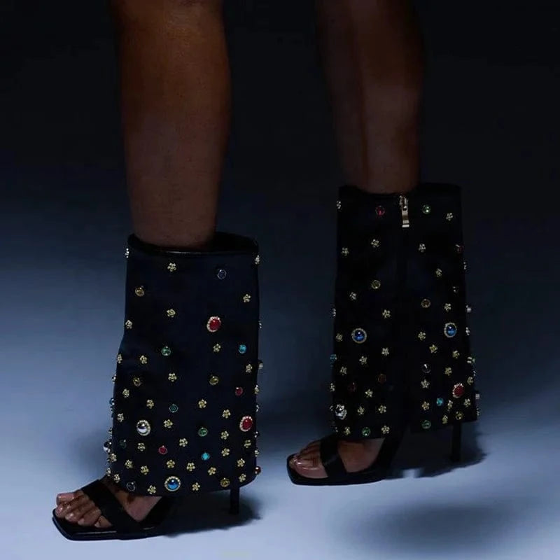 Women's Colorful Diamonds Overlay Summer Short Boots Single Band Side Zipper Ankle Boots Thin High Heels Sandals Shoes
