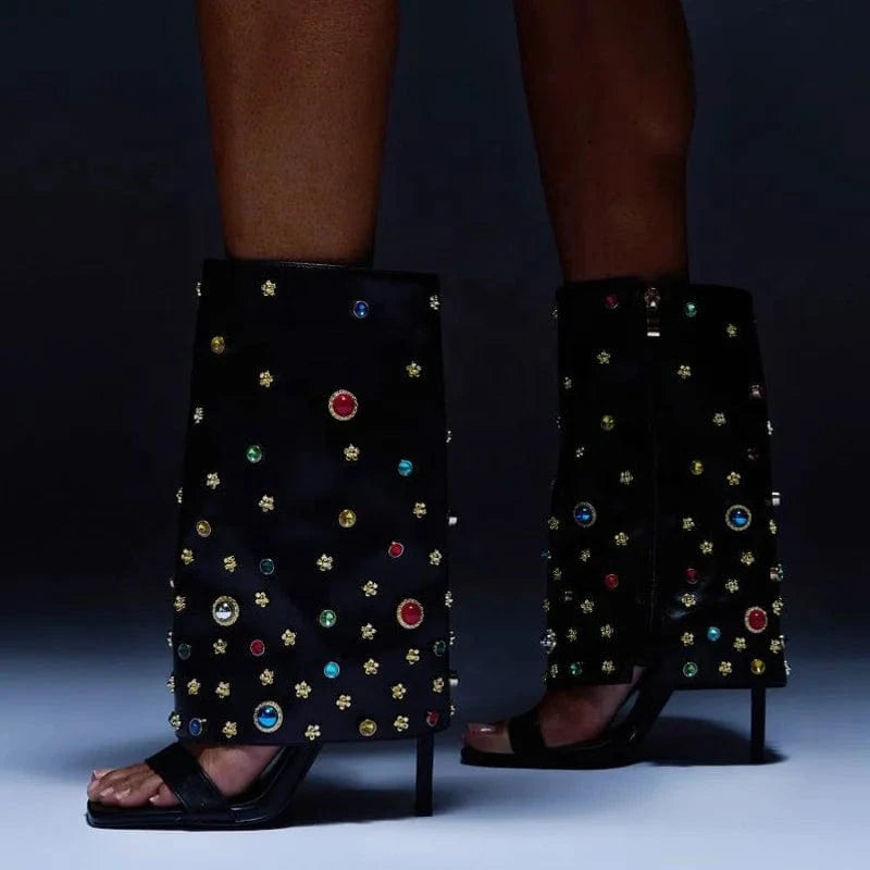 Women's Colorful Diamonds Overlay Summer Short Boots Single Band Side Zipper Ankle Boots Thin High Heels Sandals Shoes