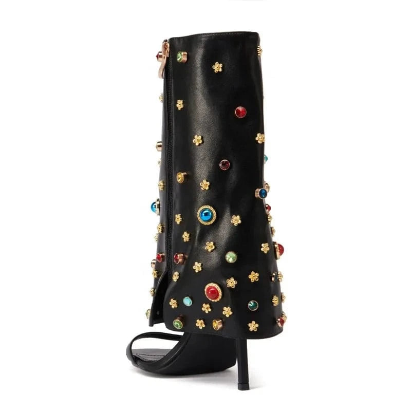 Women's Colorful Diamonds Overlay Summer Short Boots Single Band Side Zipper Ankle Boots Thin High Heels Sandals Shoes