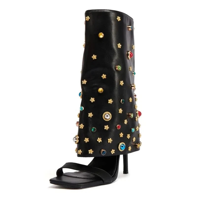 Women's Colorful Diamonds Overlay Summer Short Boots Single Band Side Zipper Ankle Boots Thin High Heels Sandals Shoes