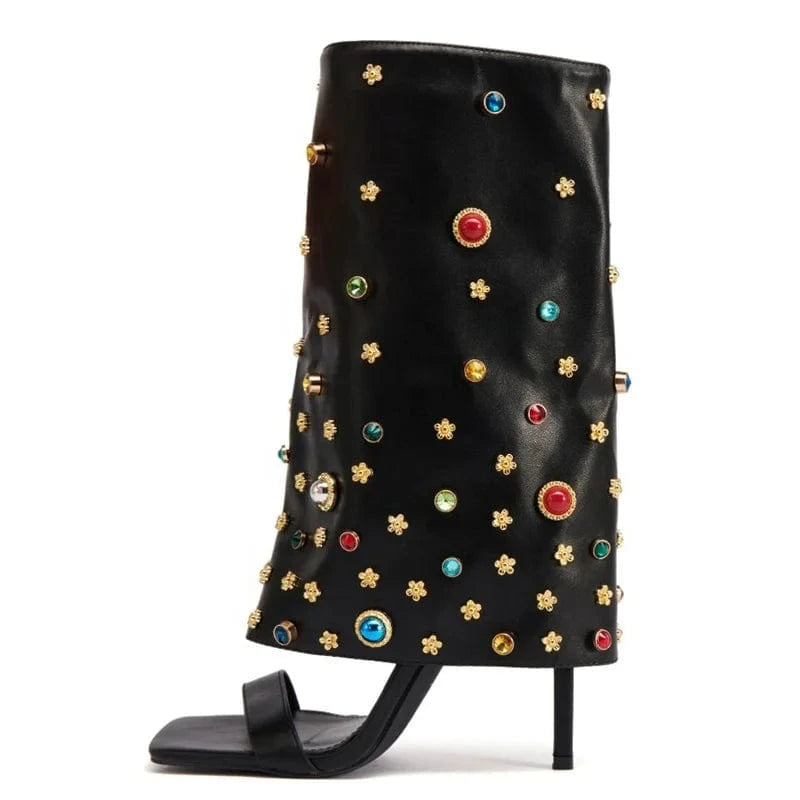 Women's Colorful Diamonds Overlay Summer Short Boots Single Band Side Zipper Ankle Boots Thin High Heels Sandals Shoes