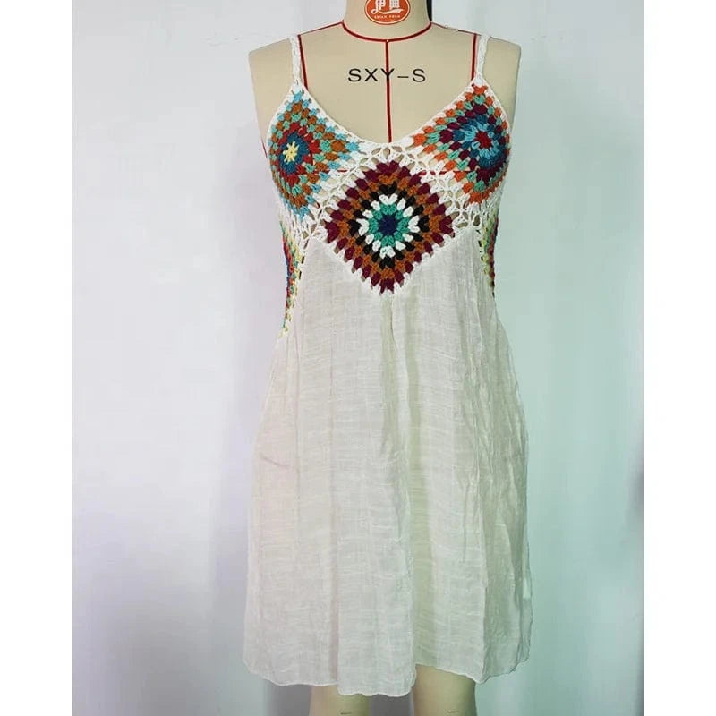 Women's Crochet Granny Square Boho Swim Coverup V Neck Dress Chiffon Sleeveless Beach Swimsuit Bikini Wear Cover Up Dress