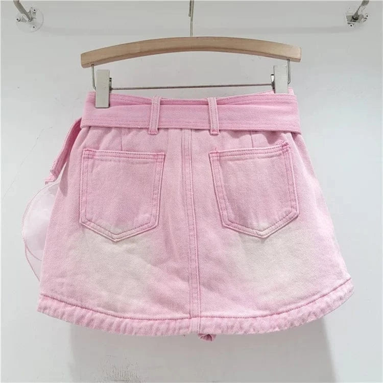Women's Denim Skirt Pink 3d Mesh Flower A-line High Waist Wide Belt Wrap Hip Mini Skirt 2024