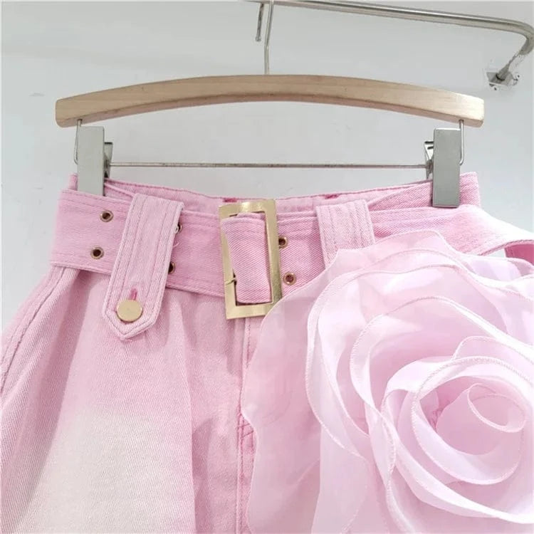 Women's Denim Skirt Pink 3d Mesh Flower A-line High Waist Wide Belt Wrap Hip Mini Skirt 2024