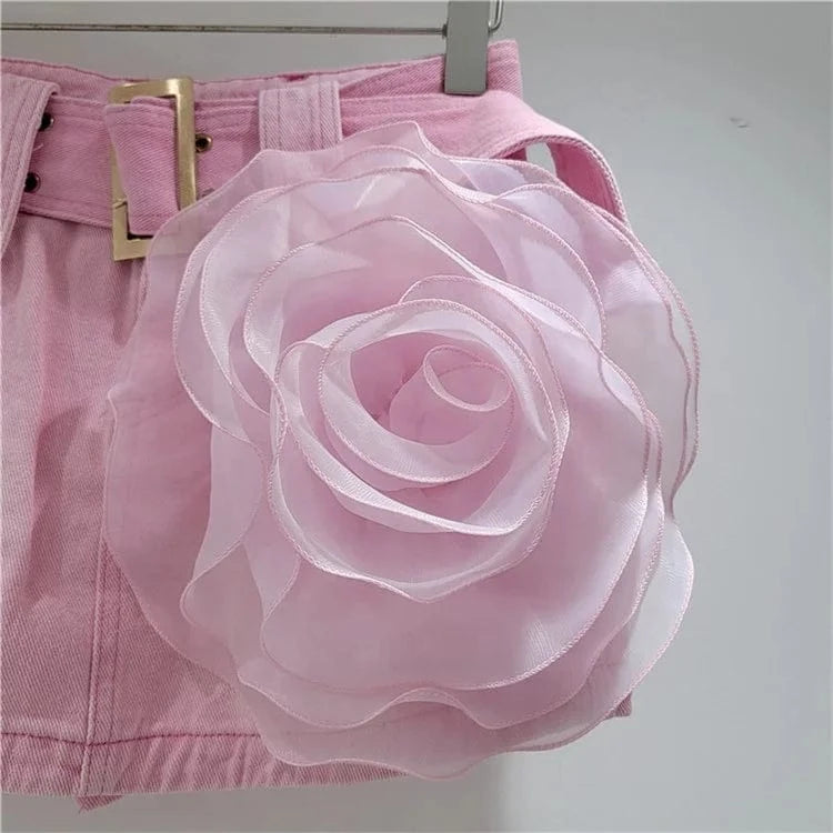 Women's Denim Skirt Pink 3d Mesh Flower A-line High Waist Wide Belt Wrap Hip Mini Skirt 2024