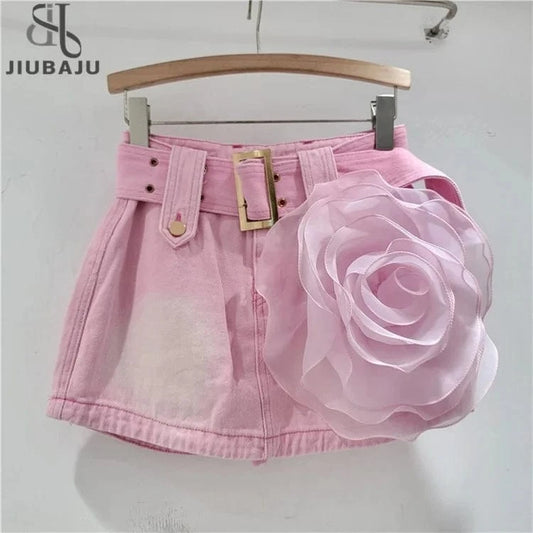 Women's Denim Skirt Pink 3d Mesh Flower A-line High Waist Wide Belt Wrap Hip Mini Skirt 2024