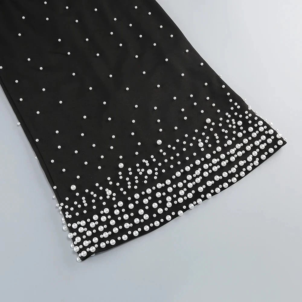 Women's Elegant Black Off Shoulder Ankle-Length Dress Pearl Beading Luxurious Evening Party Dress Glamorous Fashion Choice